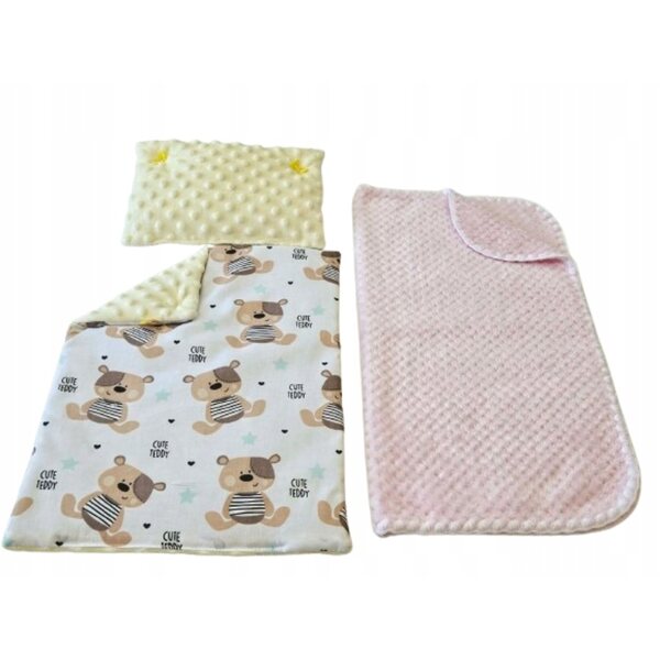 Komplettes Set aus weicher und hochwertiger rosa Bettdecke, Kissen und Decke für Puppen