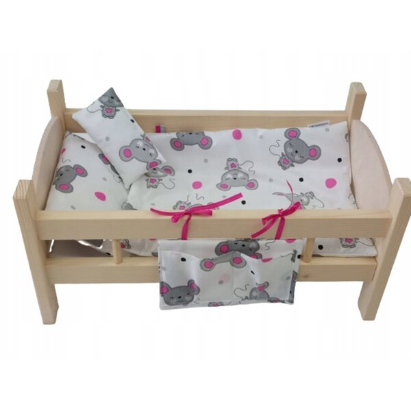 Lettino in legno per bambole con set 5 pezzi di biancheria da letto
