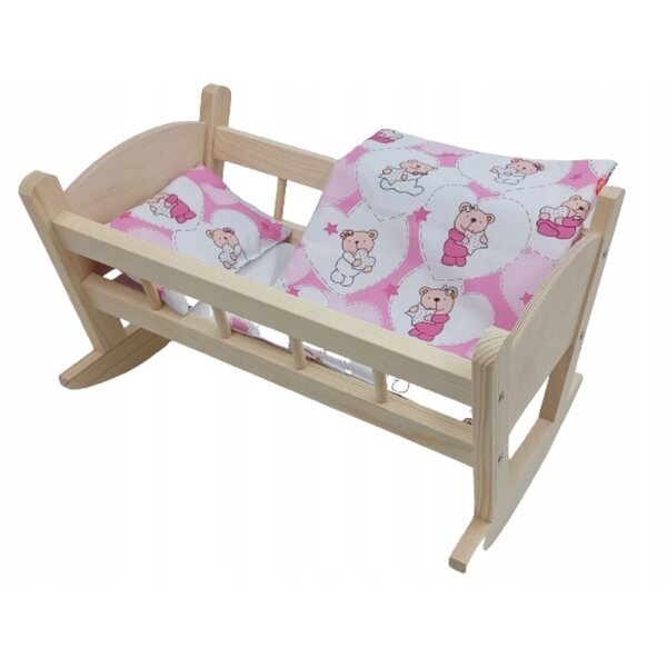 Dondolo in legno per bambole con biancheria da letto doppia e montaggio facile