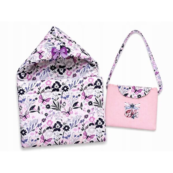 Handgefertigtes Set für Puppen 40-45 cm: Schlafsack und Tasche mit Blumen