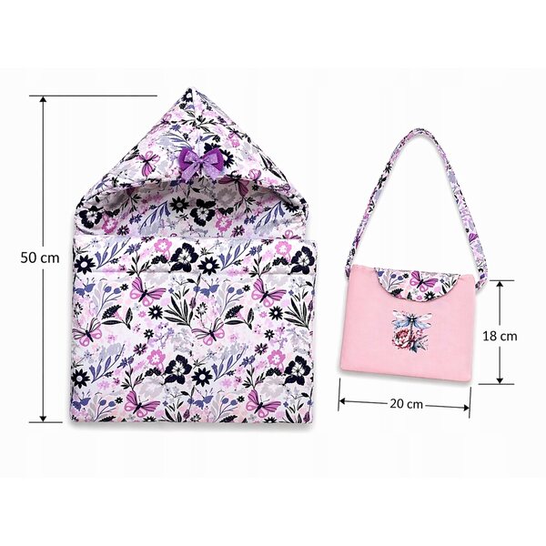Handgefertigtes Set für Puppen 40-45 cm: Schlafsack und Tasche mit Blumen