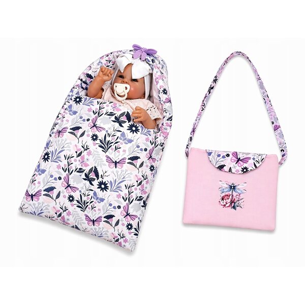 Handgefertigtes Set für Puppen 40-45 cm: Schlafsack und Tasche mit Blumen