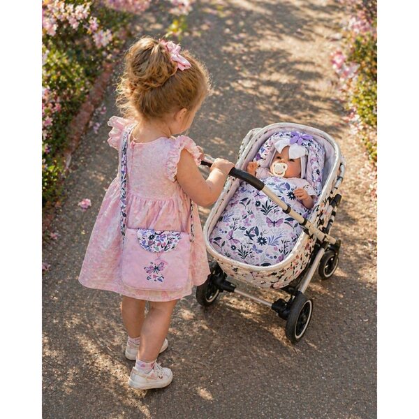 Handgefertigtes Set für Puppen 40-45 cm: Schlafsack und Tasche mit Blumen