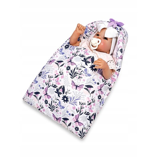Handgefertigtes Set für Puppen 40-45 cm: Schlafsack und Tasche mit Blumen