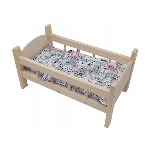 Lettino in legno naturale per bambole con set biancheria 3 pezzi