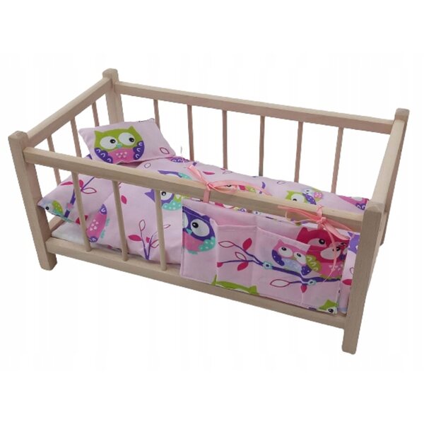 Letto in Legno Naturale con Biancheria per Bambole - Dimensioni 49x26,5x24 cm