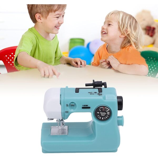 Kleine blaue Miniatur-Nähmaschine für Dekorationen und Sammlungen