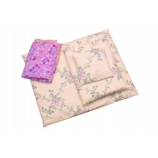 Puppenbettwäscheset mit Kissen, Decke und Laken mit lila und ecrufarbenen Blumen
