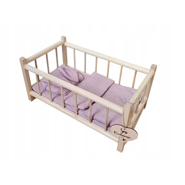Puppenbett aus Holz mit 3-teiligem Bettwäscheset in hellem Flieder