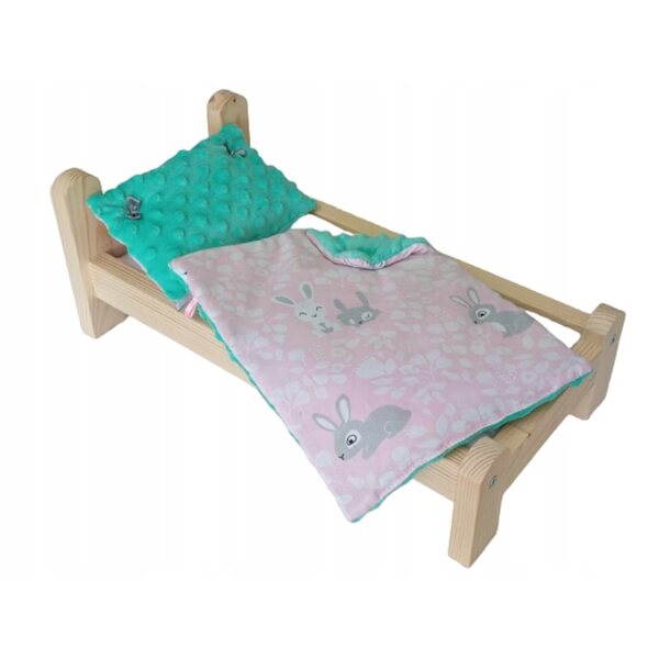 Holzbett für Puppen mit Minky-Doppelbettwäsche 44x23x17 cm