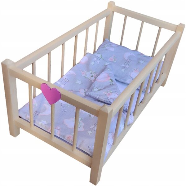Letto in legno per bambole con biancheria e cuore rosa, 3 pezzi in cotone