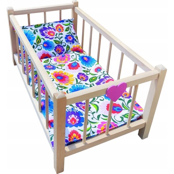 Letto in legno per bambole con biancheria e cuore rosa, 3 pezzi in cotone