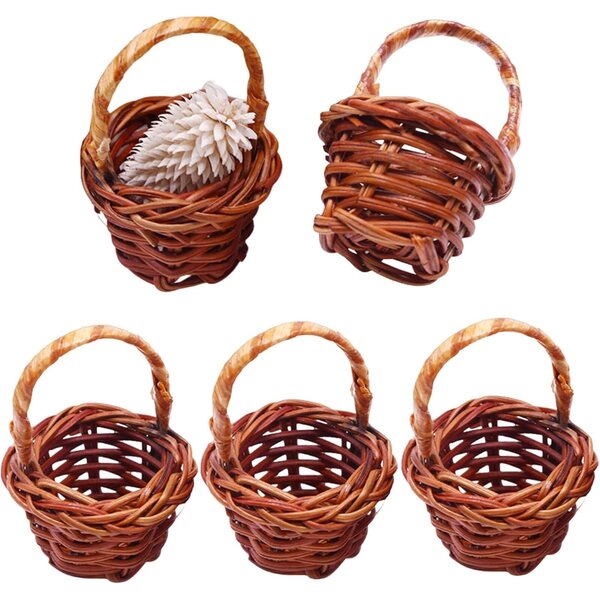 Set 5 Mini Cesti in Rattan con Manico per Decorazioni, Gioco e Picnic