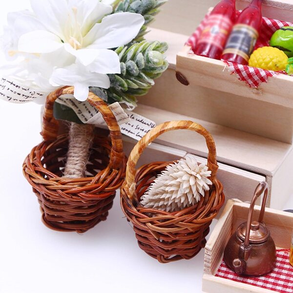 Set 5 Mini Cesti in Rattan con Manico per Decorazioni, Gioco e Picnic