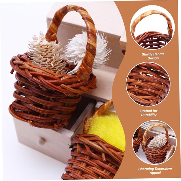 Set 5 Mini Cesti in Rattan con Manico per Decorazioni, Gioco e Picnic