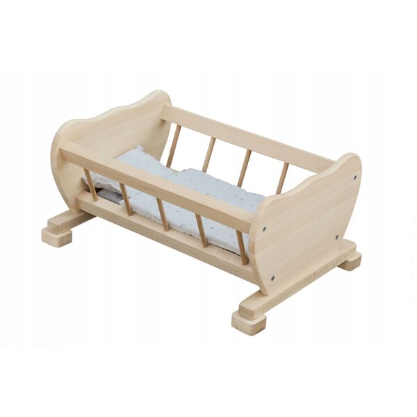 Lettino in legno naturale per bambole con set di biancheria da letto