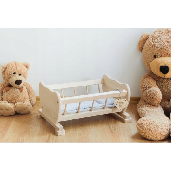 Lettino in legno naturale per bambole con set di biancheria da letto