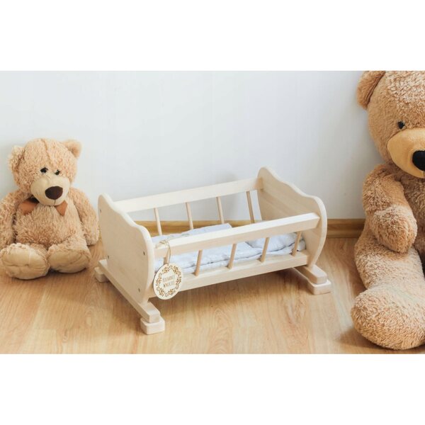 Lettino in legno naturale per bambole con set di biancheria da letto