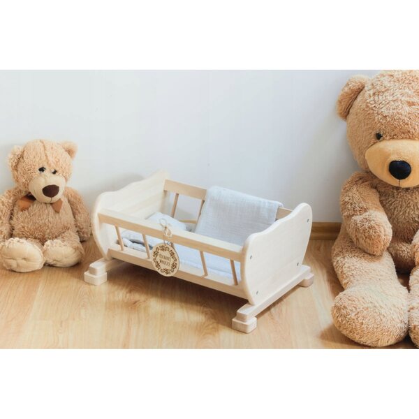 Lettino in legno naturale per bambole con set di biancheria da letto