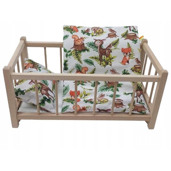 Letto in legno per bambole con biancheria da letto animaletti della foresta