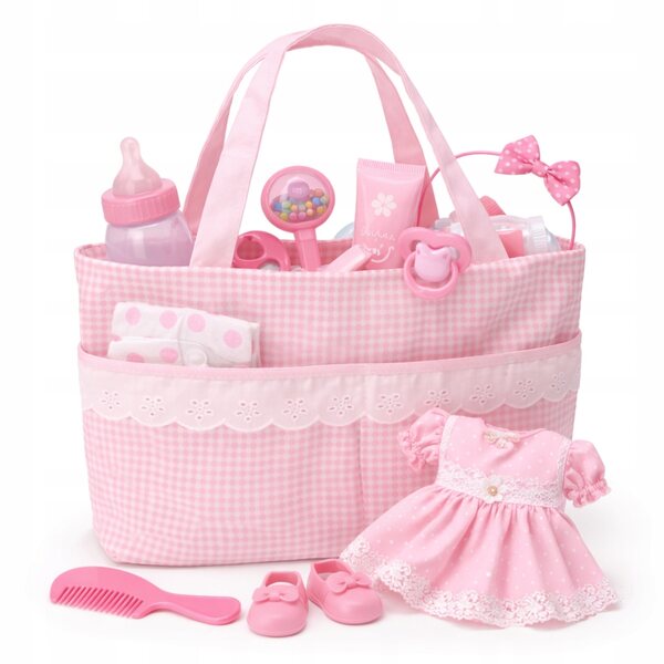 Zubehör für Puppentaschen aus rosa kariertem Stoff - Pracownia Krawiecka Olo