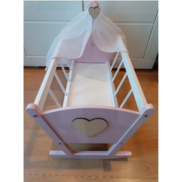 Culla rosa in legno con baldacchino e biancheria per bambole fino a 50 cm