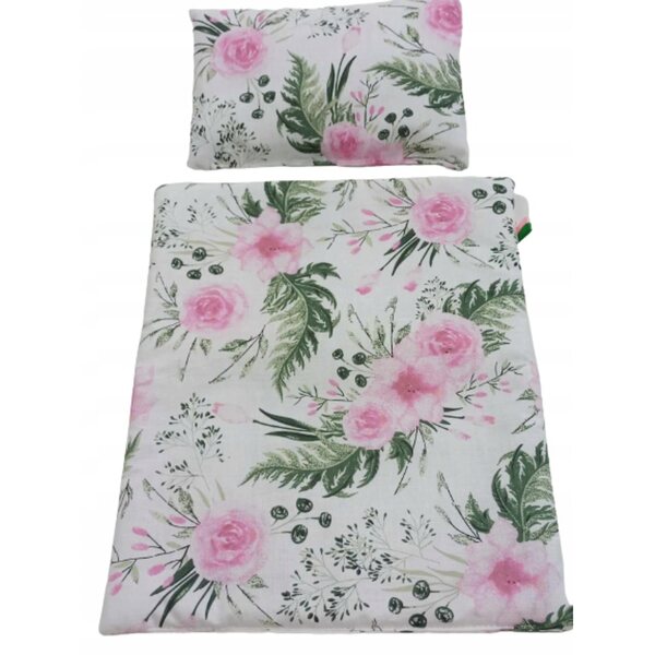 Culla rosa in legno con baldacchino e biancheria per bambole fino a 50 cm