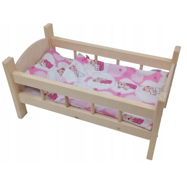 Großes Puppenbett aus Holz mit kompletter Bettwäsche