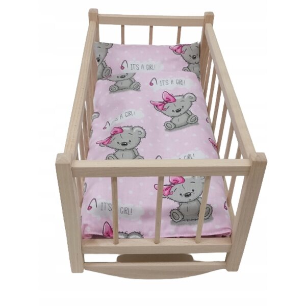 Dondolo in legno per bambole con corredo letto 3 pezzi dimensioni 49,5x26,5x24 cm