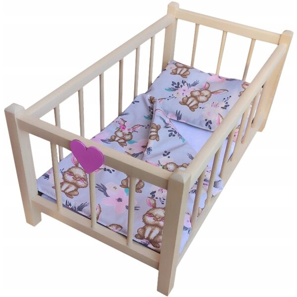 Lettino in legno per bambole con biancheria in cotone 100% - Made in Poland