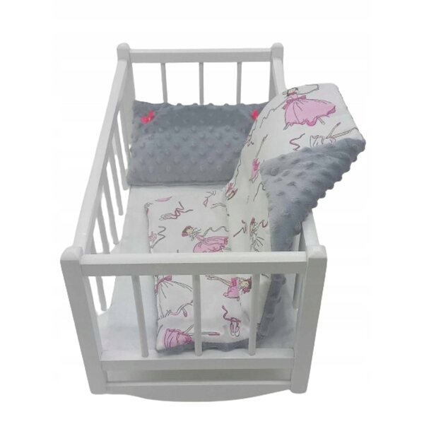 Dondolo in legno bianco per bambole con set completo di biancheria da letto