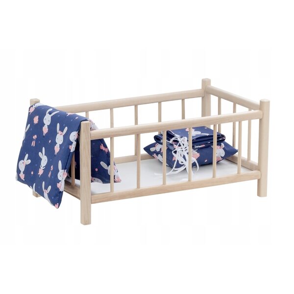 Holzbett mit Wiege und Bettwäsche für Puppen – Maße 48 x 27,5 x 23 cm
