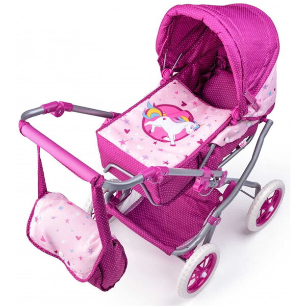 Passeggino per bambole profondo Woody Unicorno con borsa e tettuccio pieghevole rosa