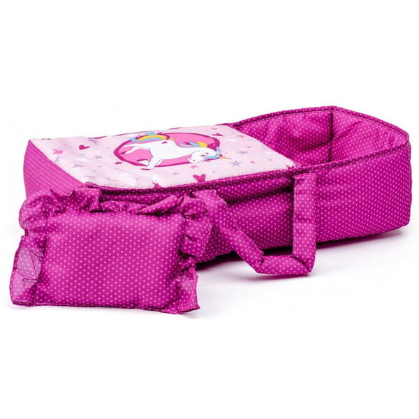 Passeggino per bambole profondo Woody Unicorno con borsa e tettuccio pieghevole rosa