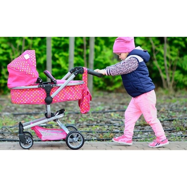 Passeggino per bambole profondo Woody Unicorno con borsa e tettuccio pieghevole rosa