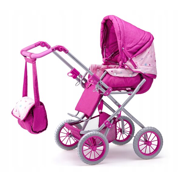 Passeggino per bambole profondo Woody Unicorno con borsa e tettuccio pieghevole rosa