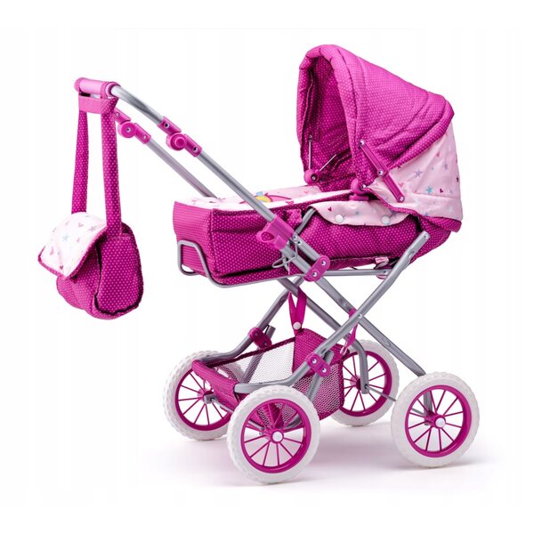 Passeggino per bambole profondo Woody Unicorno con borsa e tettuccio pieghevole rosa