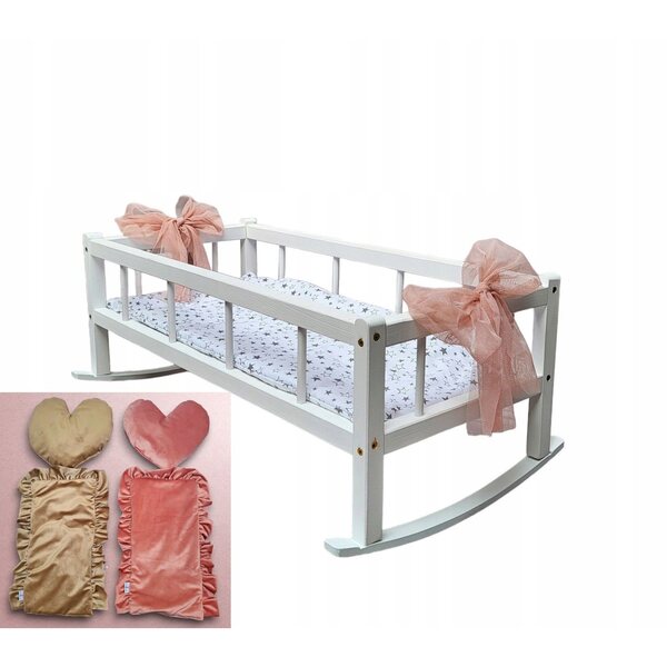 2in1 XXL Wiegenbett für Puppen mit 3-Elemente-Bettwäsche – Naturholz