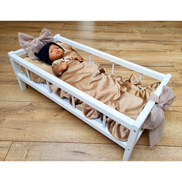 2in1 XXL Wiegenbett für Puppen mit 3-Elemente-Bettwäsche – Naturholz