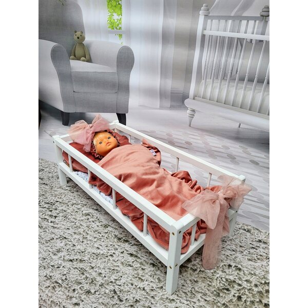 2in1 XXL Wiegenbett für Puppen mit 3-Elemente-Bettwäsche – Naturholz