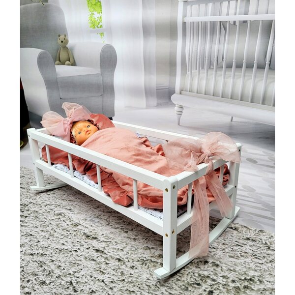 2in1 XXL Wiegenbett für Puppen mit 3-Elemente-Bettwäsche – Naturholz