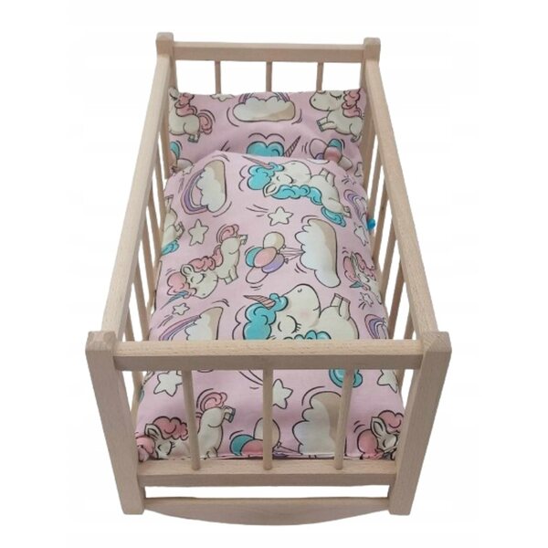 Culla per bambole in legno con lussuosa biancheria da letto. Unicorno - set di 3 elementi
