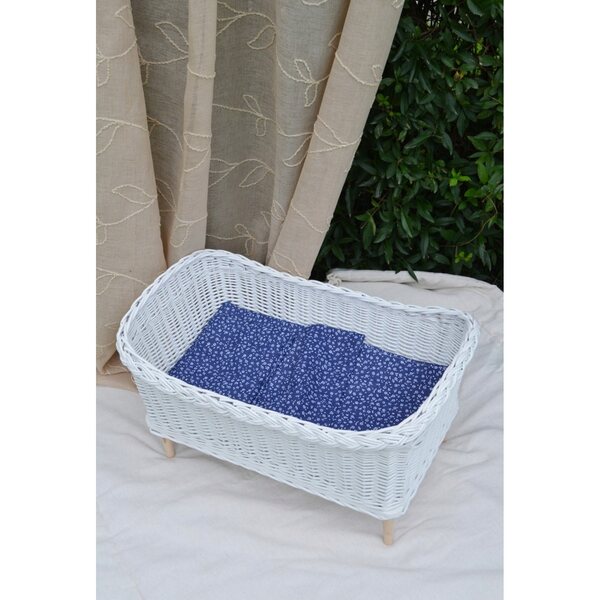 Letto in vimini bianco per bambole con tessuto a motivo floreale blu navy