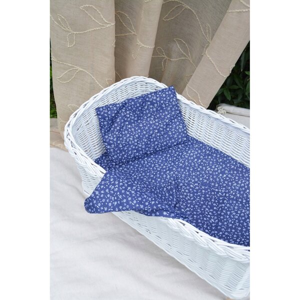 Letto in vimini bianco per bambole con tessuto a motivo floreale blu navy