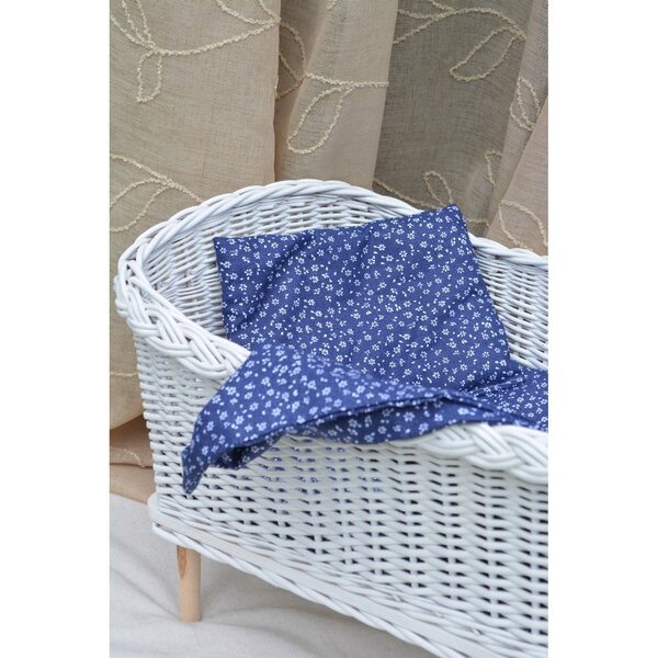 Letto in vimini bianco per bambole con tessuto a motivo floreale blu navy