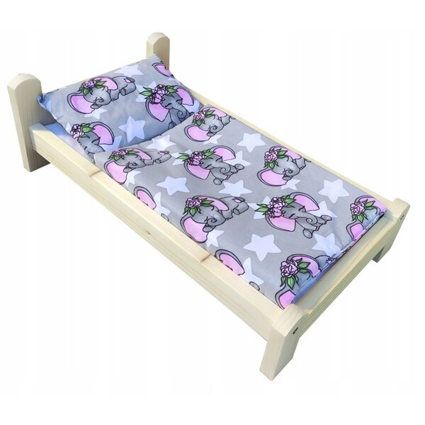 Hölzernes Puppenbett mit Hasenmotiv-Leinen, hergestellt in Polen