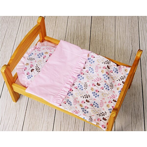 Komplettes Puppenbettwäscheset aus 100 % rosa Baumwolle mit antiallergischem Futter