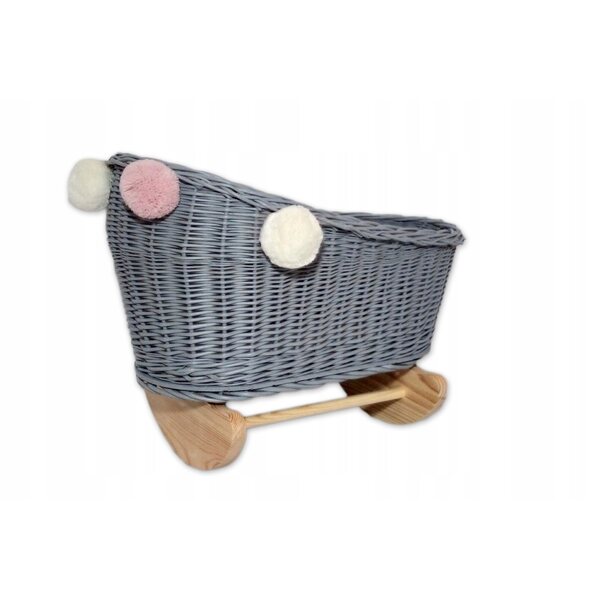 Culla in vimini per bambole con biancheria da letto e pompon, 50x30 cm, grigia