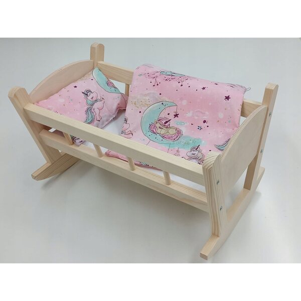 Holzbett für Puppen mit komplettem Bettwäscheset mit Einhornmuster