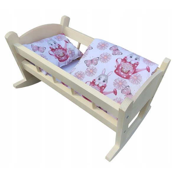 Großes Puppenbett aus Holz mit Bettwäsche und Matratze aus 100 % Baumwolle